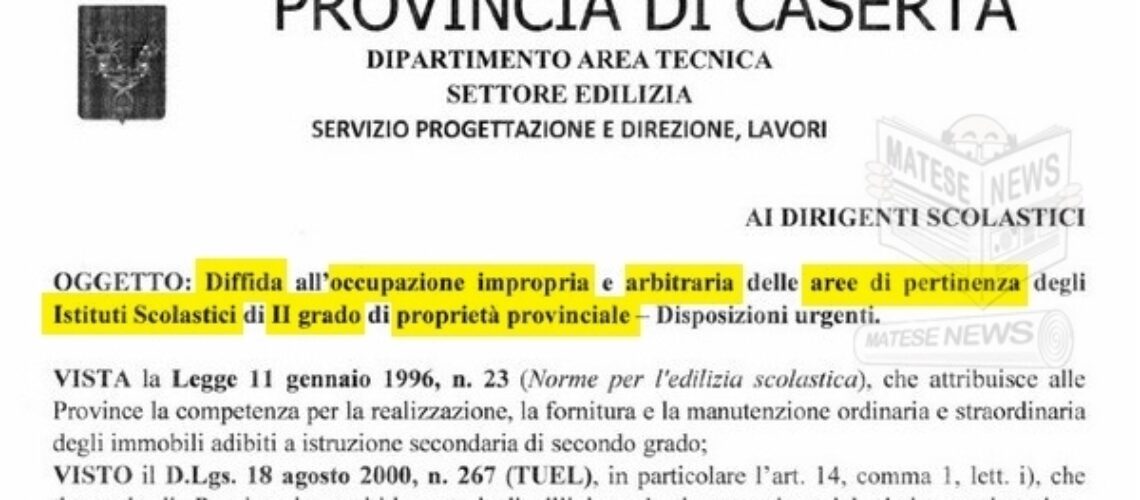 PIEDIMONTE MATESE / ALIFE. Scuole secondarie superiori, divieto assoluto di sosta e transito negli spazi di proprietà dell’Ente: la diffida della Provincia agli Istituti scolastici.